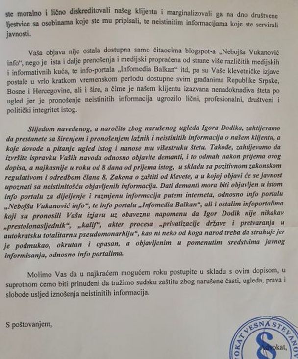 Pismo Igora Dodika Vukanovicu - undefined